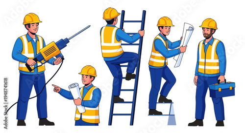 Construction Workers Set: Safety, Tools, Blueprints & Ladder