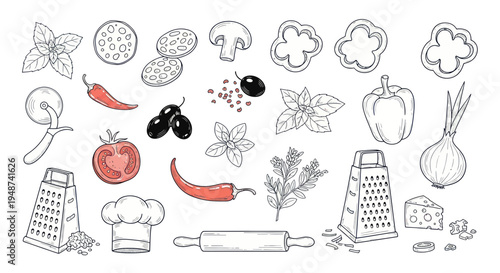 Hand-drawn Pizza Ingredients and Cooking Tools Collection