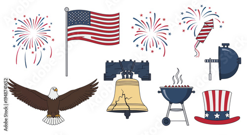 USA Independence Day Celebration Icons: Flag, Eagle, Fireworks, BBQ & Liberty Bell