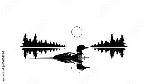 Bilde på lerret Serene loon vector illustration black and white full moon and forest silhouettes