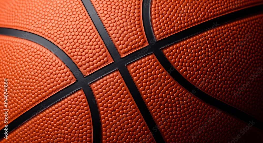 Fototapeta premium Close-up view of the textured surface of an orange basketball with prominent black seams and dimpled pattern.