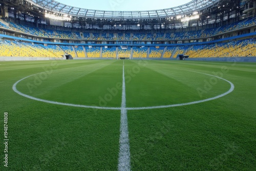 Vast Soccer Stadium Field With Green Grass And Blue Yellow Seating Under Bright Daylight Lighting Ready For A Professional Game Competition And Sporting Event Atmosphere
