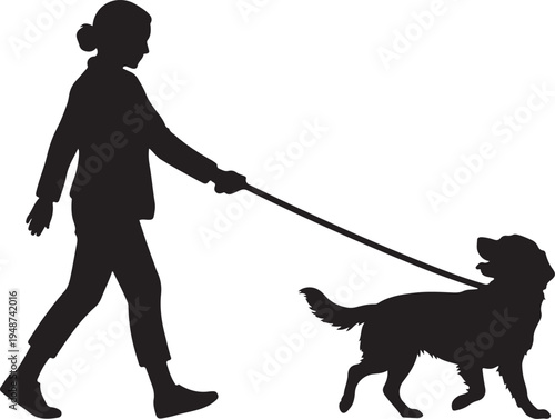 Silhouette of Woman Walking Her Dog on a Leash Isolated on White
