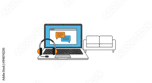 Remote Customer Support and Online Communication Concept Illustration with Laptop, Headset, and Chat Bubbles in a Home Office Setting