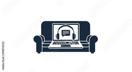 Remote Support and Online Counseling Icon: Laptop with Headset on Sofa Representing Work from Home and Virtual Assistance