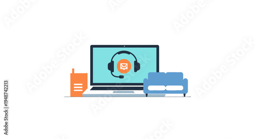 Customer Support and Remote Work Concept Illustration with Laptop, Headset, and Sofa