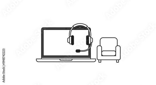 Minimalist Work From Home Line Art Icons Representing Remote Support, Online Counseling, and Comfortable Home Office Workspace