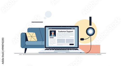 Remote Customer Support Concept Illustration with Laptop, Headset, and Home Office Background