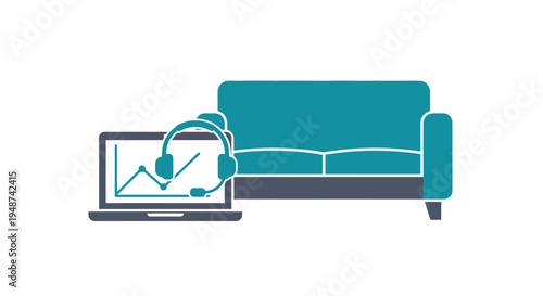Remote Work Concept Icon Featuring Sofa, Laptop with Data Graph, and Communication Headset