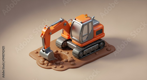 Orange mini excavator vector 3D isometric construction machine