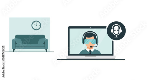 Virtual Reality and Remote Work Concept: Man in VR Headset on Laptop Screen with Microphone Icon, Flat Vector Illustration for Telecommuting and Digital Meetings