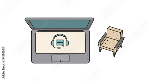 Remote Online Therapy and Customer Support Concept Illustration with Laptop and Armchair