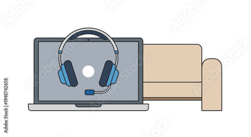 Remote Work and Customer Support Illustration: Laptop with Headset and Sofa representing Telecommuting, Freelance, and Virtual Communication Concept