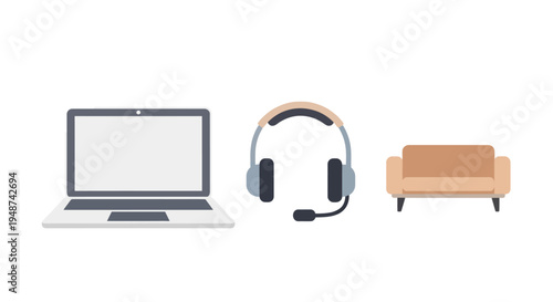 Remote Work and Home Office Icons Set with Laptop, Headset, and Sofa on White Background