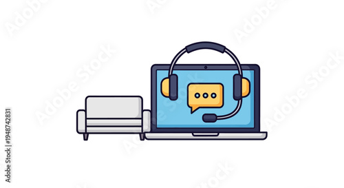 Remote Customer Support and Home Office Concept Illustration with Laptop, Headset, and Sofa
