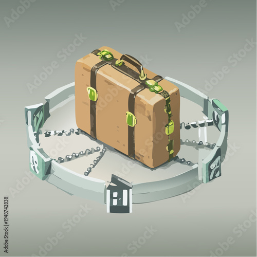 Brown Suitcase with Green Straps on a Circular Conveyor Belt.