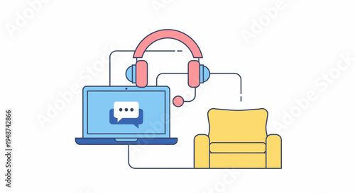 Online Teletherapy and Remote Support Vector Illustration with Laptop, Headset, and Armchair