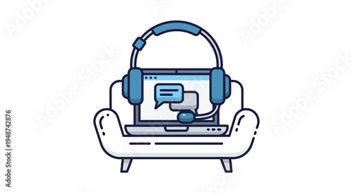 Remote Work and Online Support Concept: Laptop with Headset and Chat Bubbles on a Sofa. Vector Illustration for Telecommuting and Virtual Assistance.