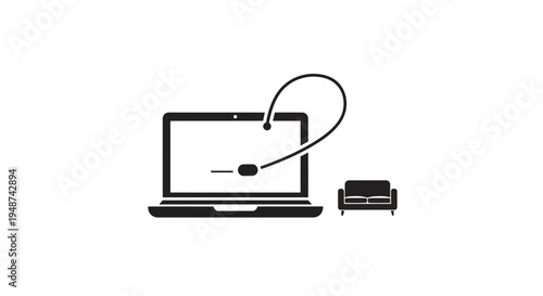 Remote Work and Online Consultation Vector Icon with Laptop Headset and Sofa