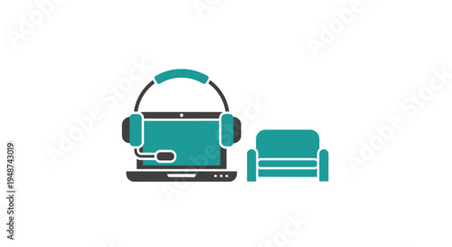 Remote Work and Work from Home Concept Icon Featuring Laptop with Headset and Comfortable Sofa for Freelance, Customer Support, and Online Therapy Services