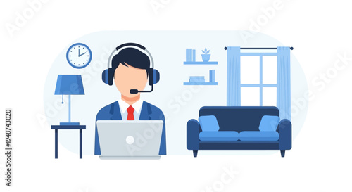 Flat vector illustration of a customer support representative working from home office with headset and laptop