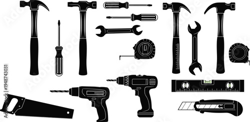 Construction tools silhouette collection isolated on white background including hammer, drill, wrench, screwdriver, saw and measuring tools, handyman equipment vector set