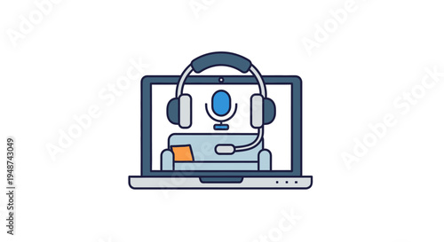 Laptop with Headset and Microphone Icon Illustration for Remote Work, Podcast, Webinar, and Virtual Meetings