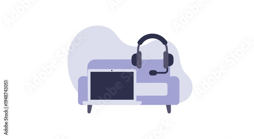 Work From Home and Remote Customer Support Concept Vector Illustration with Laptop, Headset, and Sofa