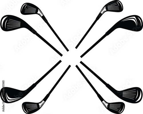 Crossed golf clubs silhouette collection isolated on white background, sports equipment illustration for golf tournament, recreation design, golfing concept, black vector set