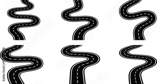 Curved winding road silhouette collection with dashed lane markings isolated vector set for highway design, transportation routes, navigation paths and road map elements