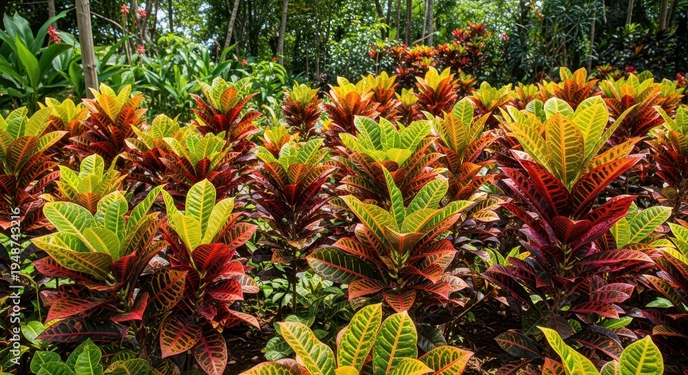 Obraz premium Vibrant Croton Plants Displaying Colorful Foliage in a Garden.