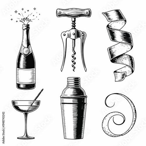 Vintage Engraved Bar & Cocktail Icon Set – Champagne, Corkscrew, Shaker & Citrus Peel for Luxury Design”