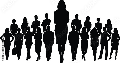 Business Leader Silhouette Leading a Large Group of Professional Men and Women on White Background, Vector