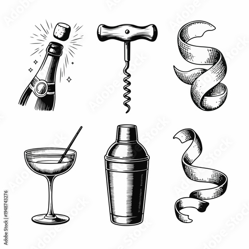 Vintage Engraved Bar & Cocktail Icon Set – Champagne, Corkscrew, Shaker & Citrus Peel for Luxury Design”