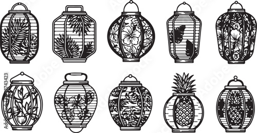 Intricate designs of various lanterns and vases showcasing nature-inspired artwork Vector
