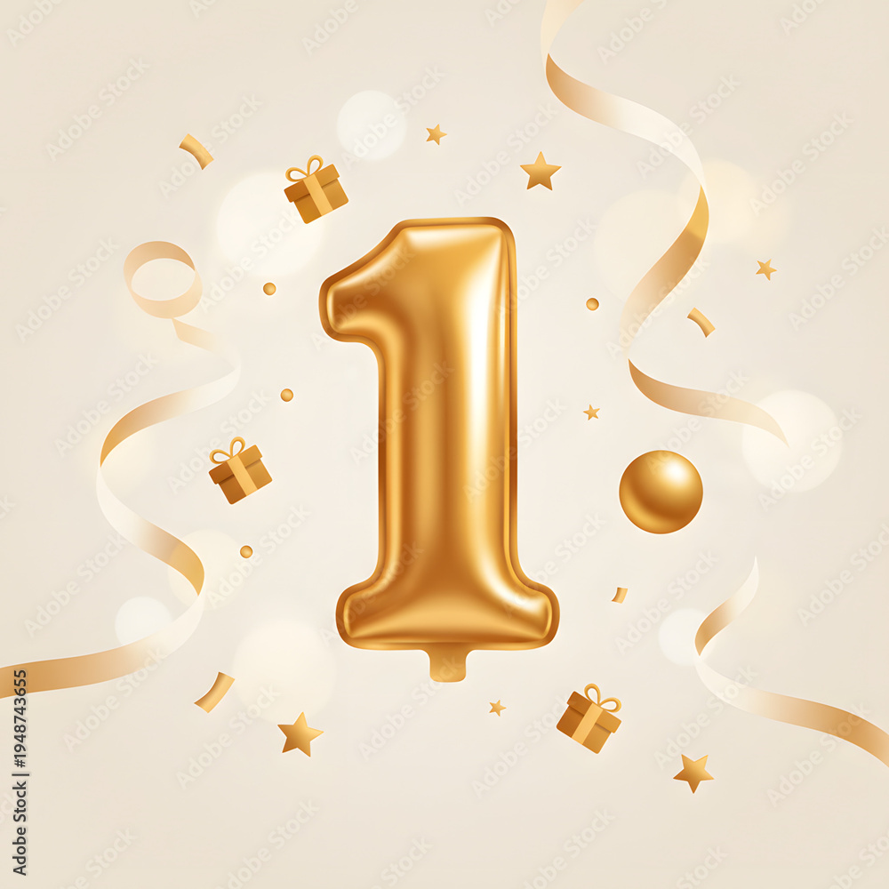 Fototapeta premium Golden number one balloon design, surrounded by glittering confetti, elegant ribbons, and charming gift boxes, ideal for a first anniversary, birthday, or business milestone event