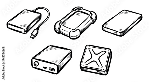 Set of hand-drawn illustrations depicting various portable electronic storage devices like external hard drives and power banks.