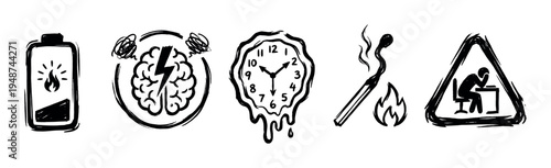 Hand-drawn doodle icons illustrate various concepts of stress, mental burnout, time pressure, and emotional fatigue.