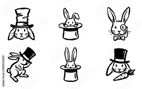Whimsical collection of hand-drawn rabbits wearing top hats and appearing from magic hats, symbolizing illusion and entertainment.