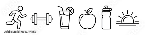 Set of outline icons representing various aspects of health, fitness, and wellness, including exercise, nutrition, and hydration.