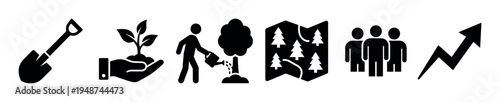 Collection of environmental and community growth icons representing reforestation, sustainability, and collective progress.