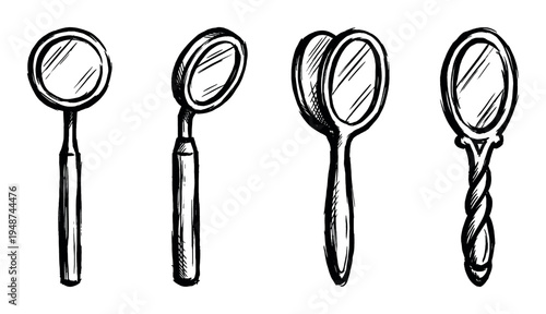 Four hand-drawn vintage style mirrors with various decorative handles for beauty and reflection concepts.
