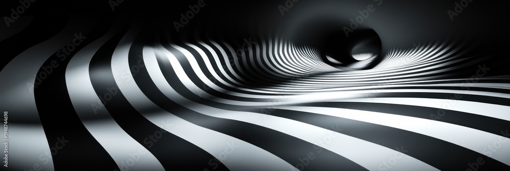 Fototapeta premium black and white undulating striped tunnel with a reflective glossy sphere creating a hypnotic surreal atmosphere