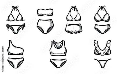 Hand-drawn illustration set featuring various styles of women's two-piece swimwear, including bikinis, bandeau tops, and sports bras.