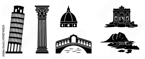 Collection of iconic world landmark silhouettes including a leaning tower, classical column, domed building, arched bridge, ornate fountain, and ancient mountain city.
