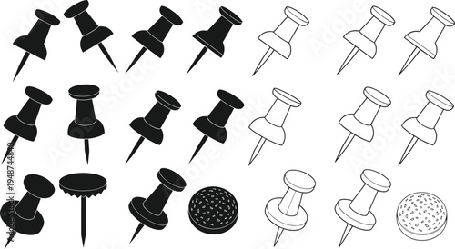 Push pin and thumbtack silhouette collection isolated on white background, office stationery tool set for notice board, pin icon vector