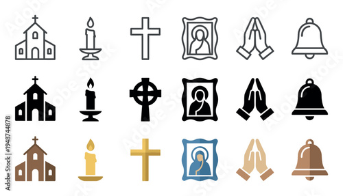 Comprehensive set of religious icons including churches, candles, crosses, praying hands, and bells, presented in multiple design variations.