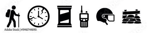 Collection of survival and outdoor activity icons depicting essential gear and elements for adventure and emergency preparedness.