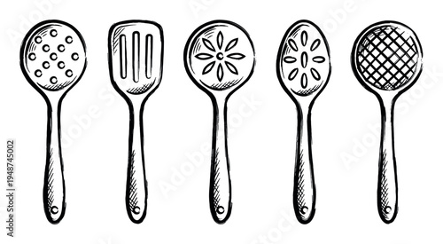 Hand-drawn sketch illustration of various kitchen utensils including slotted spoons and a spatula for cooking.