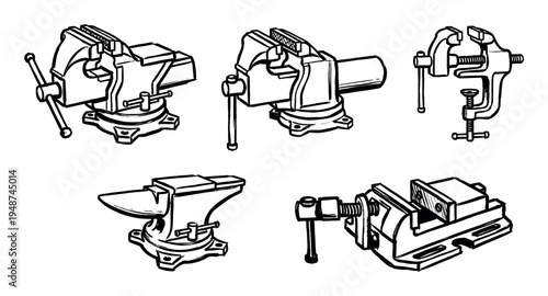 Collection of various workshop vises and an anvil, depicted in a classic black and white line art illustration style.